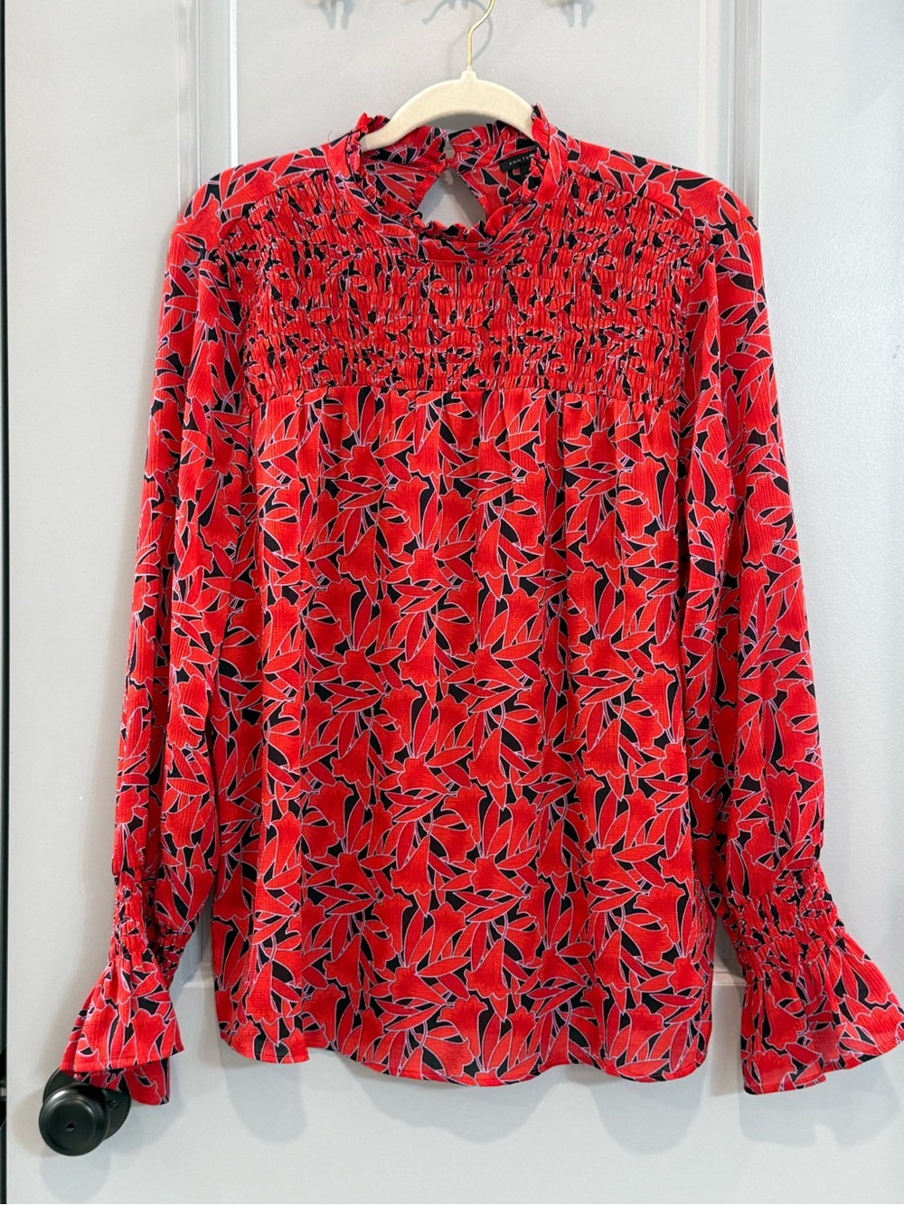 Ann Taylor Red Leaf-Print Smocked Yoke Blouse